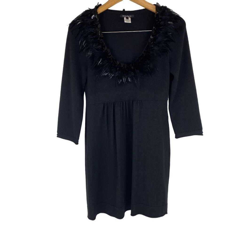 VTG Large Boho Fairy Babydoll Preppy Black Feather Embellished Merino Wool Dress - Picture 5 of 10